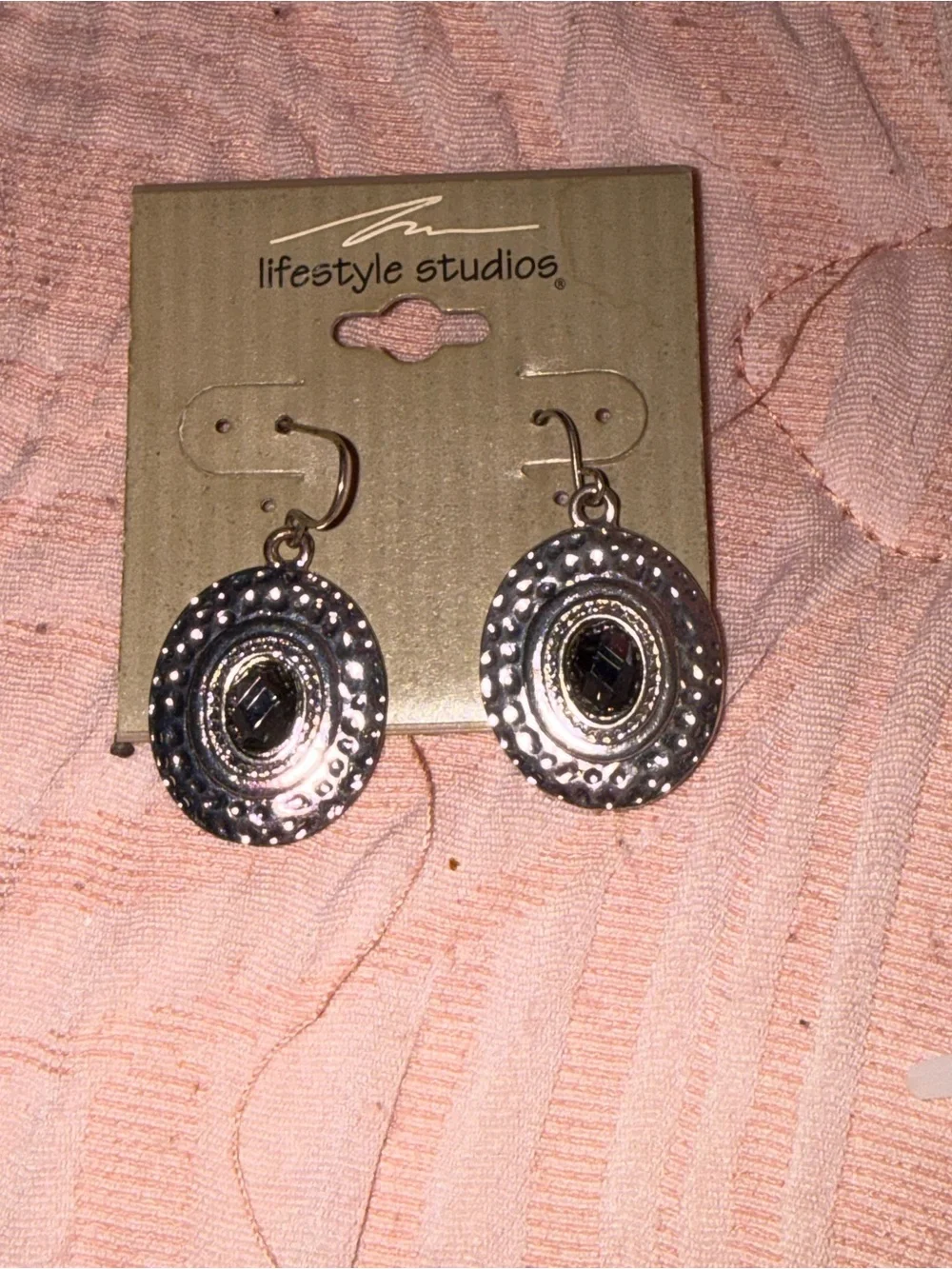 Lifestyle Studios Silver Oval Drop Earrings with Black Accent